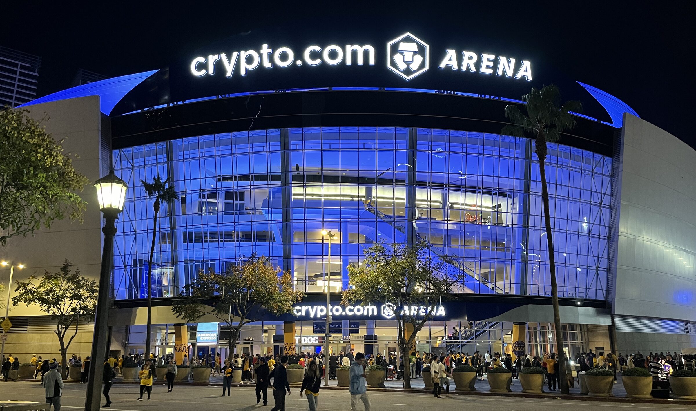 Crypto.com Arena exterior at night, Los Angeles