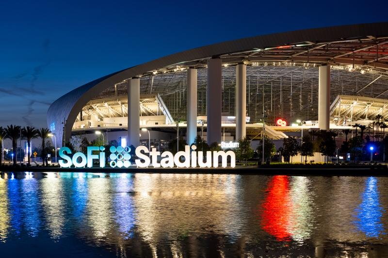 SoFi Stadium exterior at night, Inglewood